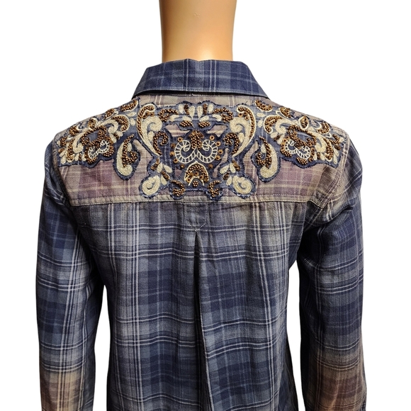 Free People Embellished Blue Plaid Buttondown Tunic Top S - Picture 8 of 16